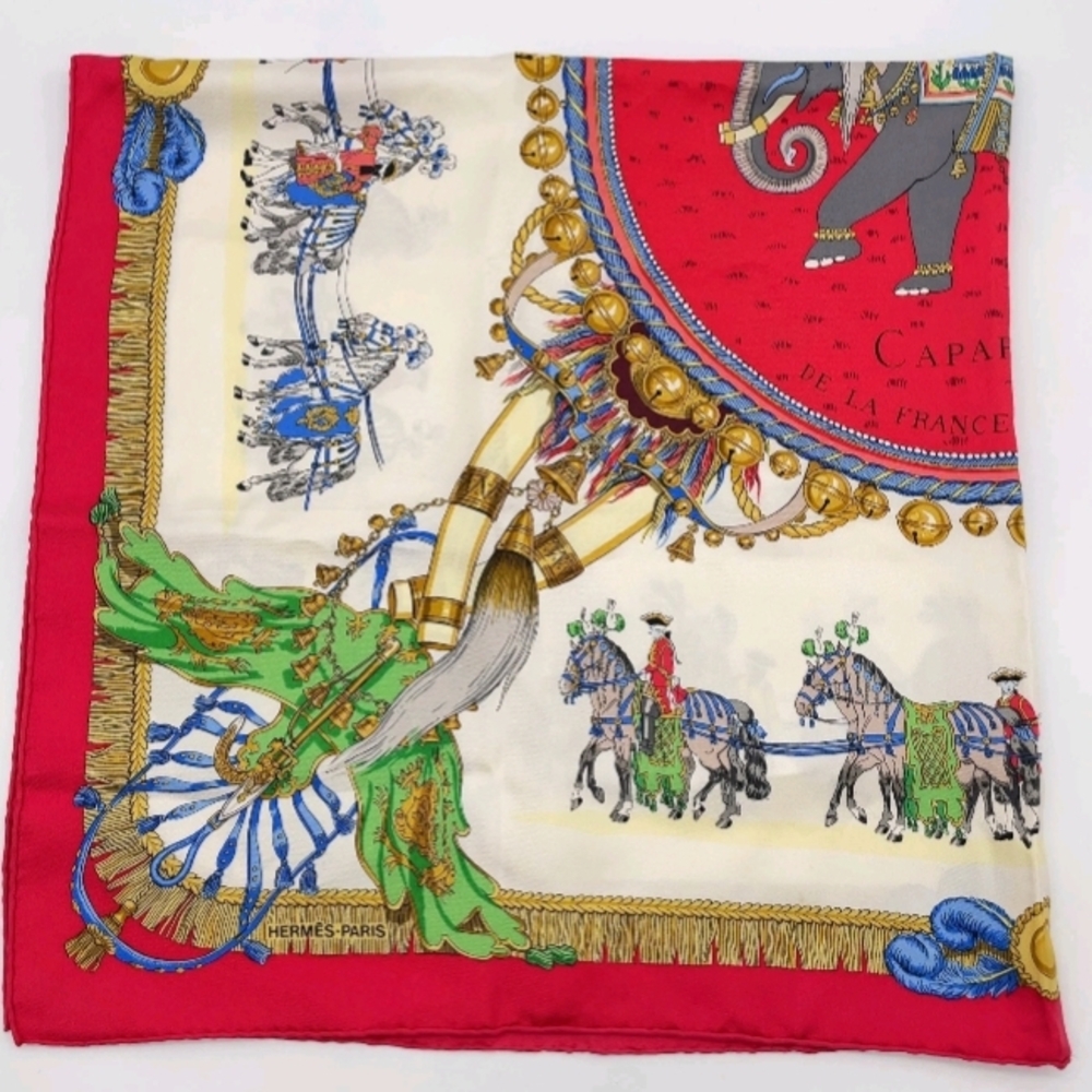 SALE! Authentic Hermes Carre 90 Caparacon Vtg Red/Multicolor Silk Scarf W Box - Picture 8 of 11